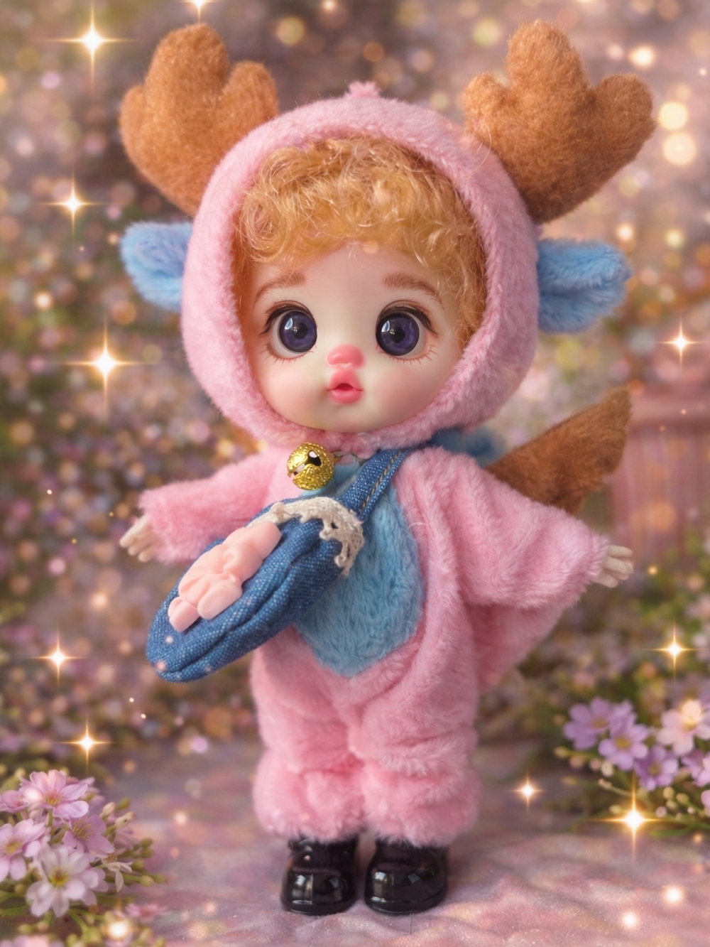 Luolifen Adorable Pink Fawn Plush Baby Doll with Blue Accents
